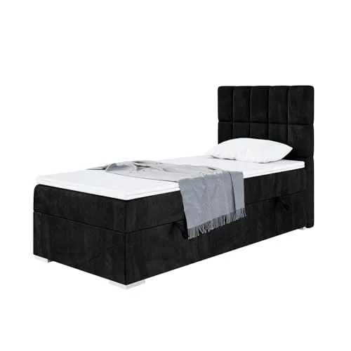 MEBLINI Boxspringbett mit Bettkasten - Gepolstert Einzelbett mit Matratze und Topper - Polsterbett mit Stauraum - Bett mit Kopfteil - Stauraumbett - Lukas - 90x200 Rechts - H3/Schwarz Samt
