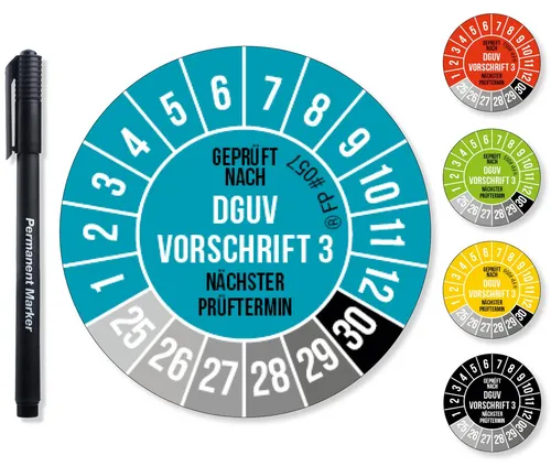 Frank Paperman Aufkleber DGUV V3 Prüfplaketten 20-30 mm Ø inkl. Folienstift, Prüfplaketten, (120tlg), Nächster Prüftermin, UV-beständig, Hohe Klebkraft
