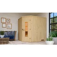 Weka Element-Ecksauna Varberg 2 Sparset 7,5 kW BioS Holztür - Massivholzsauna mit platzsparendem Design für optimale Raumnutzung. Einfacher Aufbau und energiesparende Isolierung bieten Komfort und Umweltfreundlichkeit.