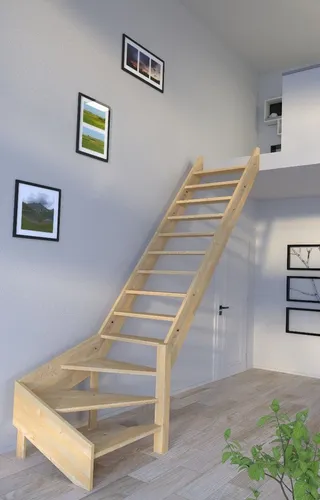 Starwood Raumspartreppe Korfu ¼ gewendelter Holztreppe - Hochwertige Fichte Treppe aus Deutschland, ideal für platzsparende Lösungen ohne Geländer.