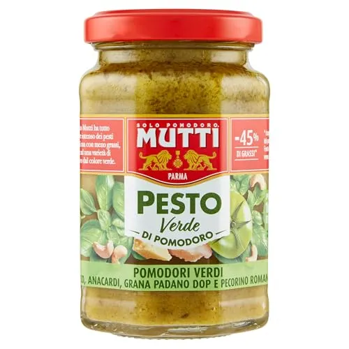 Mutti Pesto verde di pomodoro - Grünes Tomatenpesto 180g - Pestos mit 45% weniger Fett, intensiv im Geschmack und ideal für Pasta-Gerichte. Verfeinert mit Basilikum, Cashewnüssen und italienischen Käsesorten.