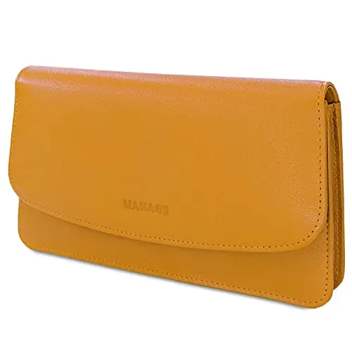 MANAGE Kosmetiktasche Damen mit Spiegel - Schminktasche klein aus echtem Leder - edle Clutch Gelb 18,5x10x3,5cm