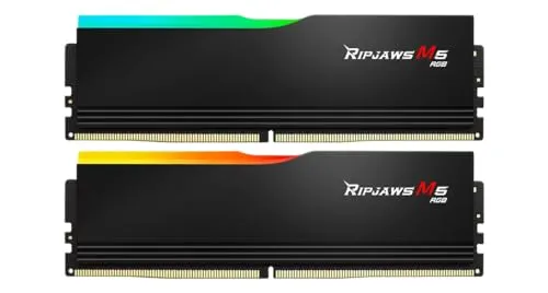 Ripjaws M5 RGB 32 GB DDR5-6400 Dual-Kit - Arbeitsspeicher mit 32 GB (2x 16 GB) Kapazität, beeindruckende RGB-Beleuchtung und INTEL XMP Unterstützung für optimierte Leistung.