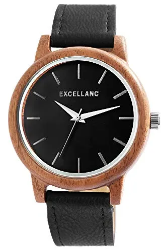 Excellanc Unisex - Uhr Lederimitations Armbanduhr Holz Gehäusering Metall Analog Quarz 1900243