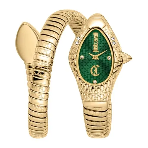Just Cavalli Damen Analog Quarz Uhr JC1L373M0035 - Elegante Just Cavalli Armbanduhr mit einzigartigem Schlangendesign und grünem Zifferblatt. Ideal für modebewusste Damen, perfekt für jeden Anlass und als Geschenk. Hergestellt mit hochwertigem japanischem Uhrwerk für zuverlässige Zeitmessung.