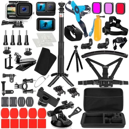 Koosir 64 in 1 Zubehörset Kit Bundle für GoPro Hero 13 12 11 10 9 Black Wasserdichtes Gehäuse Kinnhalterung und vollständige einfache und nützliche Halterung in 1 Case