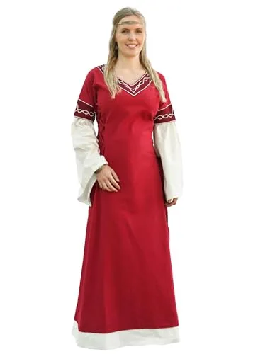 Battle-Merchant Mittelalter Kleid Alvina Baumwolle Damen - bodenlang - Wikinger - Kleid - Gewandung- faschingskostüm - langärmelig, rot/Natur, Gr. XXL