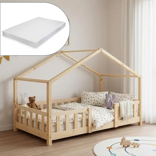 [en.casa] Kinderbett Treviolo mit Matratze 90x200cm - Betten: Charmantes Hausbett aus robustem Kiefernholz mit integriertem Rausfallschutz für sicheren Schlaf und optimalem Komfort.