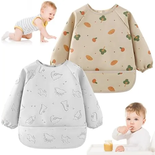 Lätzchen Baby mit Ärmeln, 2 Pcs Lätzchen zum Abstillen mit Langen Ärmeln, PU Wasserdichtes Latz Leicht zu Reinigen mit Tasche, Weiches und Hautfreundliches für Babys Kleinkinder 12-48 Monate