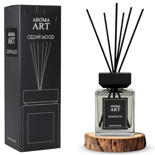 XXL Raumduft im eleganten Glasflacon 800 ml - Zedernholz - Große stilvolle Duftvase mit 6 Diffuser Sticks - Dekorativer Raumerfrischer Lufterfrischer Raumparfüm Duftdiffuser mit Holzstäbchen