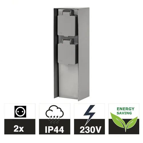 Grafner Edelstahl Design Gartensteckdose mit 2 Steckdosen - Steckdosen & Zubehör – Wetterfest und elegant, ideal für Gartenbeleuchtung und Geräte. Hohe Witterungsbeständigkeit durch Edelstahl und Klarlack-Beschichtung.