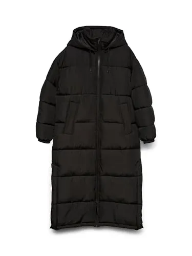 VERO MODA Damen Steppmantel VMklea Long Coat 10293012 - Schwarz, funktional und stylisch mit Kapuze und Kordelzug für den perfekten Alltagslook