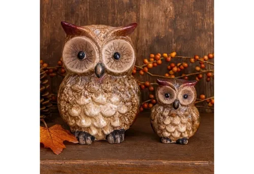 Online-Fuchs Dekofigur 2 Eulen aus Keramik - Herbstdeko, Winterdekoration, Figuren (10 und 18 cm groß, 2er Set), detailreichen Strukturen, wachsamen Augen und harmonische Farbnuancen