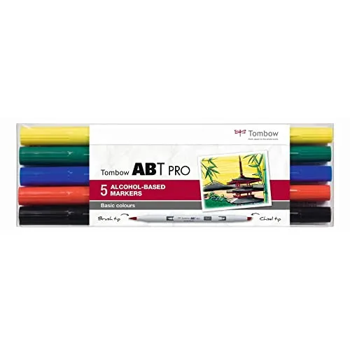 Tombow ABTP-5P-1 Alkoholmarker mit zwei Spitzen - Basic Colors - Marker & Filzstifte mit flexibler Pinsel- und Keilspitze für präzise Zeichnungen und flächigen Farbauftrag, ideal für Illustrationen, Manga und Designprojekte.