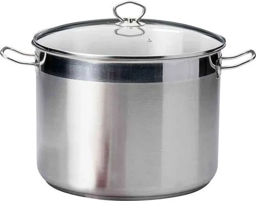 Maxitopf mit Glasdeckel 20 l - Kochtopf aus rostfreiem Edelstahl mit hitzebeständigem Glasdeckel und energiesparendem Kapselboden für effizientes Kochen.