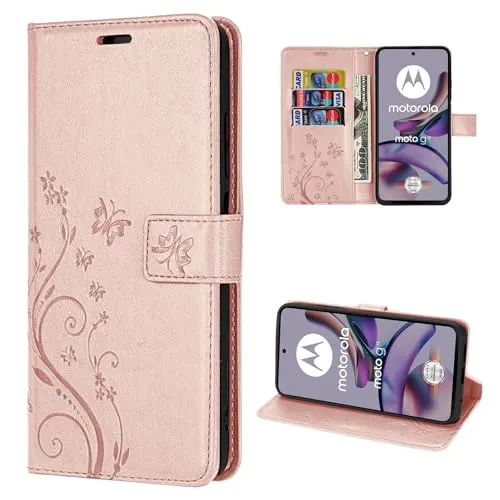 betterfon Hülle Kompatibel mit Motorola Moto G13 / G23 | Premium PU Leder Handyhülle Wallet Case für Moto G13 / G23 | Schutzhülle Blumen Klapphülle Handyhülle | Rosegold