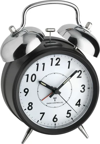 TFA Funkuhrwecker im Retro-Design mit fluoreszierenden Zeigern, Doppelglocke aus Metall, Snooze-Funktion und Hintergrundbeleuchtung