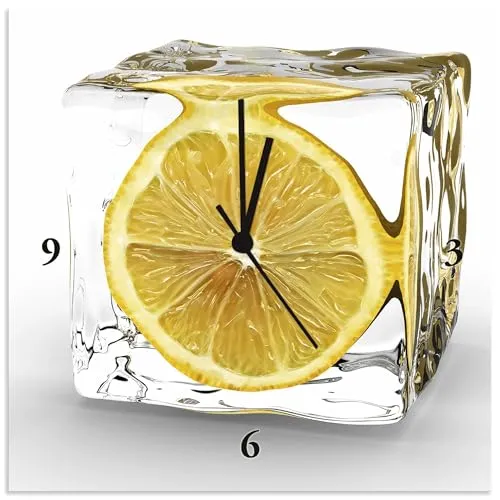 ARTLAND Wanduhr ohne Tickgeräusche Alu Quarzuhr 30x30 cm Quadratisch Lautlos Obst Früchte Zitrone im Eiswürfel Frucht Kreativ T5XT
