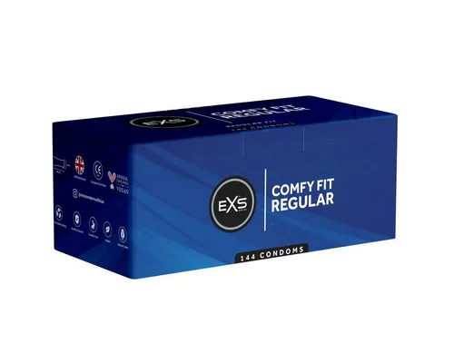 EXS *Regular* Comfy Fit - Großpackungen Kondome, speziell für optimalen Komfort mit erweitertem Kopfteil für größere Bedürfnisse. 144 hochwertige Kondome aus Naturkautschuklatex, geruchsneutral und befeuchtet für ein angenehmes Erlebnis.