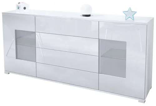 Vladon Sideboard Grömitz V2 – Stilvolle Kommode mit 2 Türen und 4 Schubladen - Das elegante Sideboard Grömitz V2 bietet großzügigen Stauraum und besticht durch sein modernes, skandinavisches Design. Ideal für eine stilvolle Wohnraumgestaltung mit praktischen Vitrinentüren.