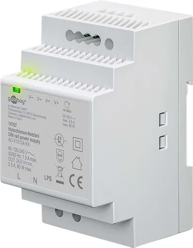 GOOBAY Hutschienen-Netzteil 74767, 24 V, 2,5 A, 60 W - Netzteile für industrielle Anwendungen, ideal für SPS und komplexe Systeme. Kompakt, mit Überspannungsschutz und einfacher DIN-Schienen-Montage für beengte Räume.