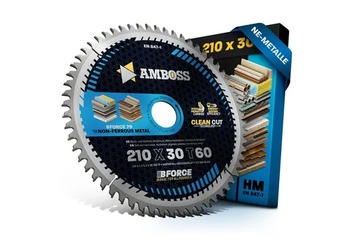 HM Kreissägeblatt 210x30 Z60 für Aluminium - AMBOSS WERKZEUGE® - Kreissägeblätter für präzise Schnitte in Aluminium und anderen Materialien, optimiert für Akku-Handkreissägen. Geringe Schnittbreite spart Akkuleistung und verlängert die Nutzungsdauer.