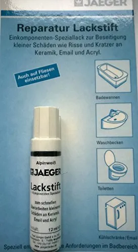 Jaeger Reparaturlack Lackstift ALPINWEISS 12 ml - Lackstift für Keramik, Emaille und Acryl, ideal für kleine Reparaturen in Küche und Bad. Hochwertiges Acrylat sorgt für erhöhte Widerstandsfähigkeit.