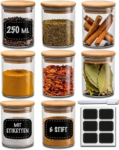 Gewürzgläser Set 250ml – Luftdicht und Modern - Vorratsgefäße & -gläser, 8-teiliges Set aus bruchfestem Borosilikatglas mit Bambusdeckel für eine stilvolle und hygienische Aufbewahrung von Gewürzen, Tee und mehr.