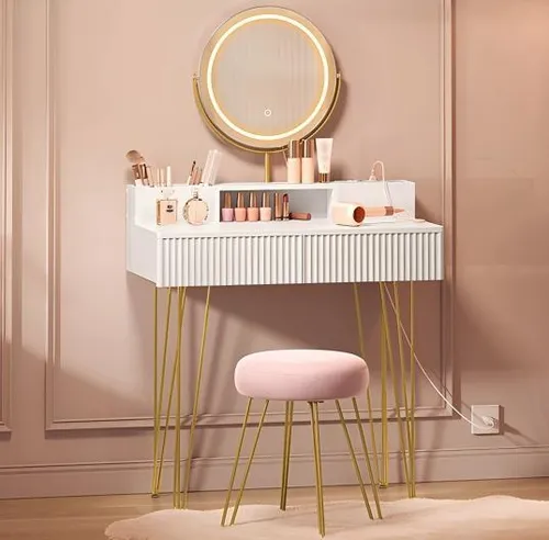 Schminktisch mit Hocker und Beleuchtung RVTDE019W01 - Eleganter Frisiertisch in mattweiß-blassgold, mit integrierter Beleuchtung für perfektes Make-up. Ideal für Schlafzimmer und stilvolle Akzente.