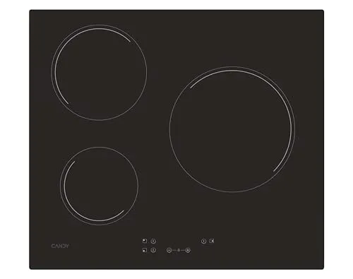 Candy Timeless CH63CC, Glaskeramik, drei Zonen, große Herdplatte, 25 cm, Breite 59 cm, 10 Leistungsstufen, 5500 W, zentrale Bedienelemente, Sicherheitsverriegelung, Überhitzungs- und