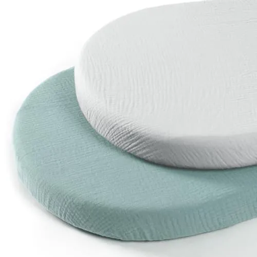 lulumoon Musselin-Baumwolle Spannbettlaken 2er Set: Bettlaken Beistellbett Kinderwagen Matratzenbezug für 35x75 cm 41x81 cm 40x90 cm Babybetten Stubenwagen (Grau Grün)