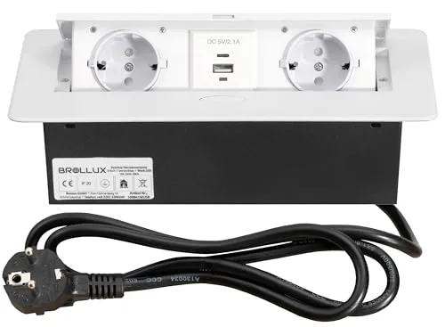 BROLLUX Einbausteckdose versenkbar 2fach mit USB & USBC - Steckdosen & Zubehör, elegante und platzsparende Lösung mit Softöffnung und 2 Schuko- sowie USB-Anschlüssen für gleichzeitiges Laden Ihrer Geräte.