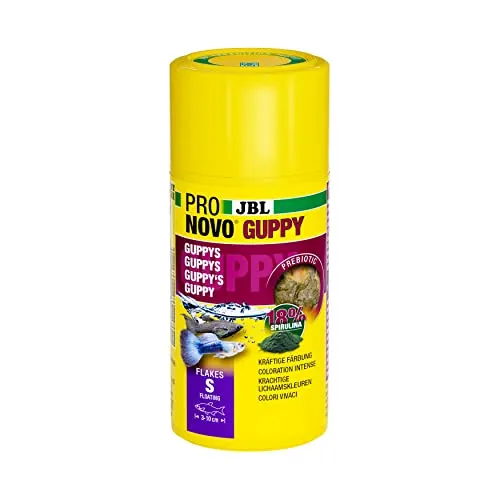 JBL PRONOVO GUPPY FLAKES, Hauptfutter für Guppys und Lebendgebärende von 3-10 cm, Fischfutter-Flocken, Größe S, 100 ml