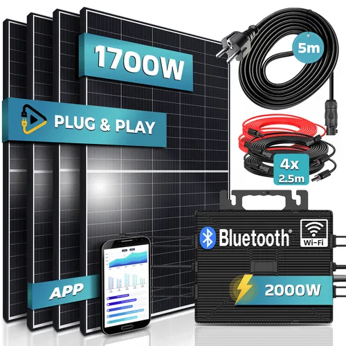 SUNNIVA® 1700W Balkonkraftwerk - Komplettset mit 2000W Wechselrichter - Solaranlagen: Hochwertiges Balkonkraftwerk mit 4x 425W Modulen, Bluetooth und WIFI für einfache Überwachung und Plug&Play Installation.