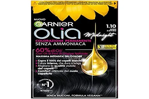Garnier Olia Midnight Haarfarbe, permanente Färbung ohne Ammoniak, zarter Duft, deckt 100% weißes Haar ab, mit natürlichen Blütenölen natürlichen Ursprungs, vegane Formel, Saphirschwarz