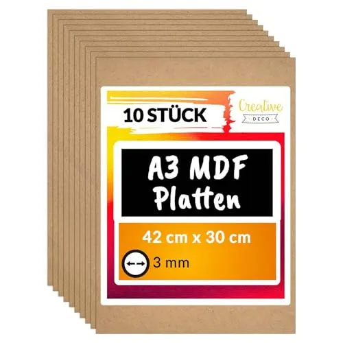 Creative Deco A3 MDF Platten 10-tlg - Bastelzubehör aus dünnen Holz-Platten, ideal für Laser, CNC Router und Modellierung, perfektes Material für kreative Bastelprojekte.