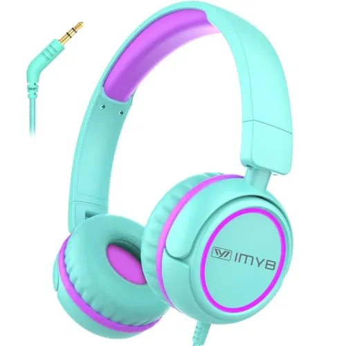 IMYB Kinder kopfhörer, Kopfhörer für Kinder mit Kabel, faltbar, Stereo Sound, Sichere Lautstärkebegrenzung, 3,5 mm Jack, On Ear Kinderkopfhörer für Schule, Junge, Mädchen, Tablet, PC, Grün
