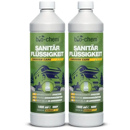 bio-chem Sanitärflüssigkeit 2x 1L – Mikrobiologischer Toilettenzusatz - WC-Reiniger für Campingtoiletten – zersetzt Fäkalien & Papier, bekämpft Gerüche, biologisch abbaubar und chlorfrei mit erfrischendem Waldbrise-Duft.