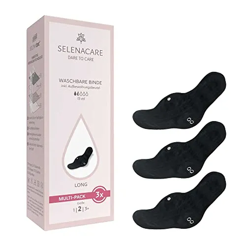 Selenacare Waschbare Binde (3er Multipack, Größe 2) mit Aufbewahrungsbeutel - antibakteriell & geruchshemmend, wiederverwendbare Binde für Damen, 100% vegan