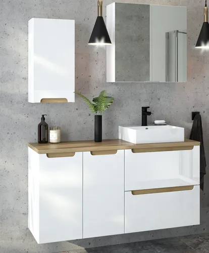 Badmöbel Set Hochglanz weiß mit Trüffel-Buche SOFIA-107 mit 40cm Keramik-Waschtisch & Spiegelschrank, B/H/T ca.120/200/46 cm