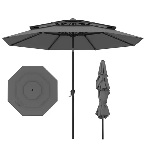 COSTWAY 3-stöckiger Sonnenschirm 300cm, Gartenschirm windfest belüftet, Terrassenschirm mit Kurbel, beidseitig um 30° knickbar, Marktschirm Anthrazit