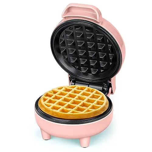 SNAILAR Mini Waffeleisen Belgische Waffel Maschine Kleines Waffeleisen Klassische, für Kindergeburtstage, Familienfeiern, Ostern oder Weihnachten, Niedlich kompaktes Design, 550 Watt, Rosa
