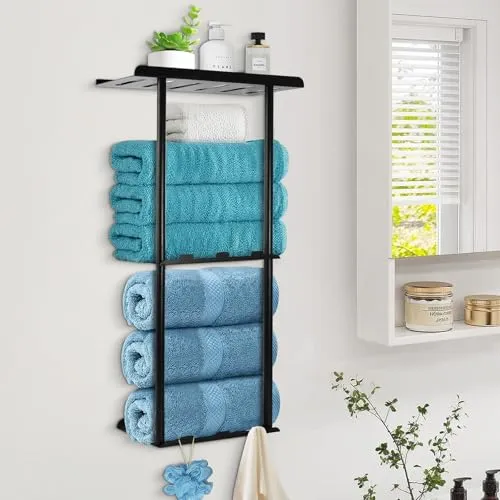 Samlonge Handtuchhalter Wand Schwarz, Handtuchhalter Ohne Bohren mit Ablage 6 Handtuchhaken und Leitplanke 76cm Handtuchregal Badezimmer Gästehandtuchhalter Wandmontage Badetuchhalter für Badezimmer