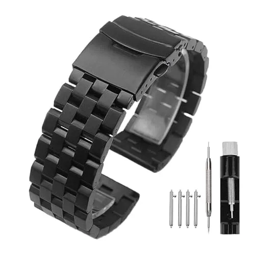 Kai Tian 22mm Schwarz Prämie Armbanduhr Matt 5 Reihen Doppelschlösser Edelstahl Uhrenarmband Ersatz Metall Band für Damen Herren Armband