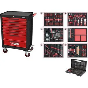 KS-Tools Werkzeugwagen ECOline 598-teilig, rot - Montagewagen mit 7 Schubladen, bestückt mit hochwertigem Chrom-Vanadium Werkzeug und praktischen Systemeinlagen für optimale Ordnung und schnellen Zugriff.