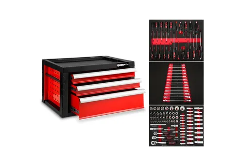 EBERTH Werkstattwagen Gefüllt mit Werkzeug, Werkzeugschrank Metall mit 3 Schubladen, Teleskopschienen, Vollauszug, Werkzeugbox abschließbar