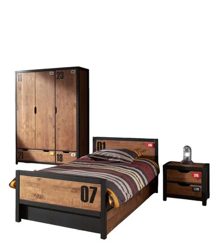 aufm Kessel Jugendzimmer-Set Kameko 5-teilig, Schwarz/Cognac - Komplettes Jugendzimmer-Set mit Einzelbett, Nachtkonsole, Kleiderschrank und Bettschublade aus massiver Kiefer und MDF. Robuste Verarbeitung und modernes Design für eine stilvolle Einrichtung.