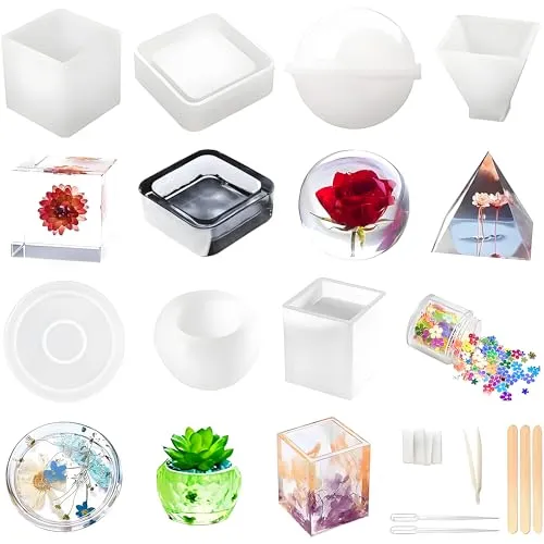 Harzformen Silikon-Set 20 Stück, Epoxidharz-Formen einschließlich Kugel, Würfel, Pyramide, quadratisch, rund, Untersetzer, Kerzen. Bonus dekorative Pailletten und das komplette Set Werkzeuge.