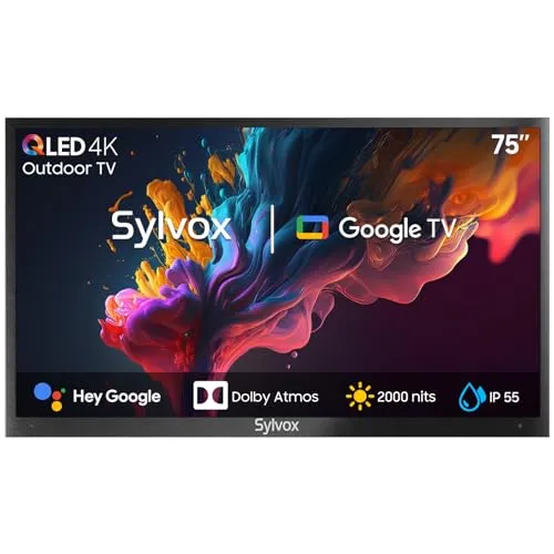 SYLVOX 75 Zoll Outdoor TV, 4K UHD QLED Google Outdoor Fernseher, 2000 Nits, Sprachassistent, Dolby Atmos, IP55 Wasserdicht TV für Garten, Terrasse, Pool &Gewerberäume(Pool Pro 2.0 QLED)