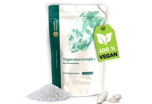 Nature Basics Hochwertiges natürliches Magnesium Vegan & Nachhaltig im Braunglas 180 Kapseln, 180 St., 140 g